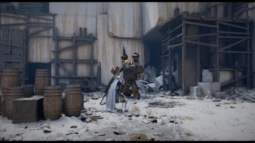 The Excavatron boss entering the arena in Crimson Desert. 