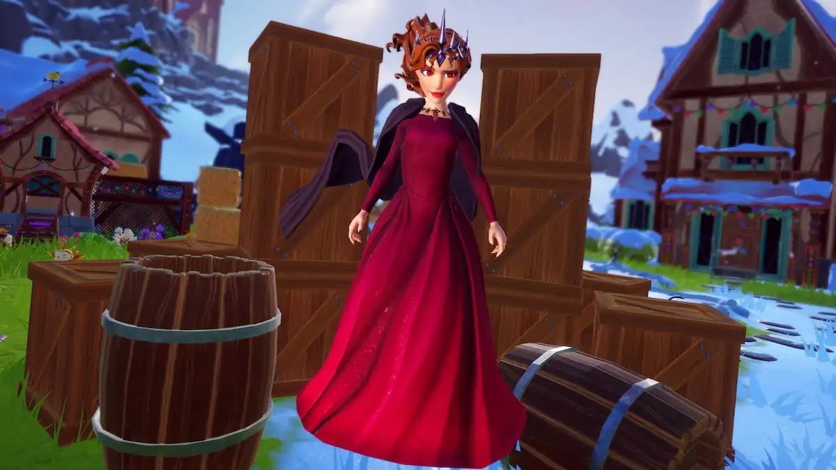 Player in red dress flying by crates and barrels in disney dreamlight valley