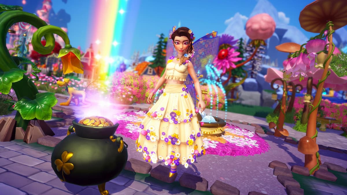 Flying by a rainbow cauldron in disney dreamlight valley