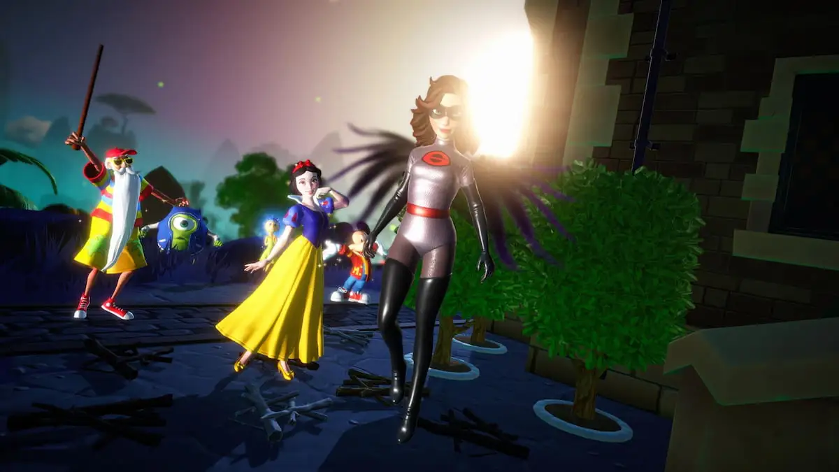 Player flying in dark, shadowy biome in front of wood on grround in disney dreamlight valley