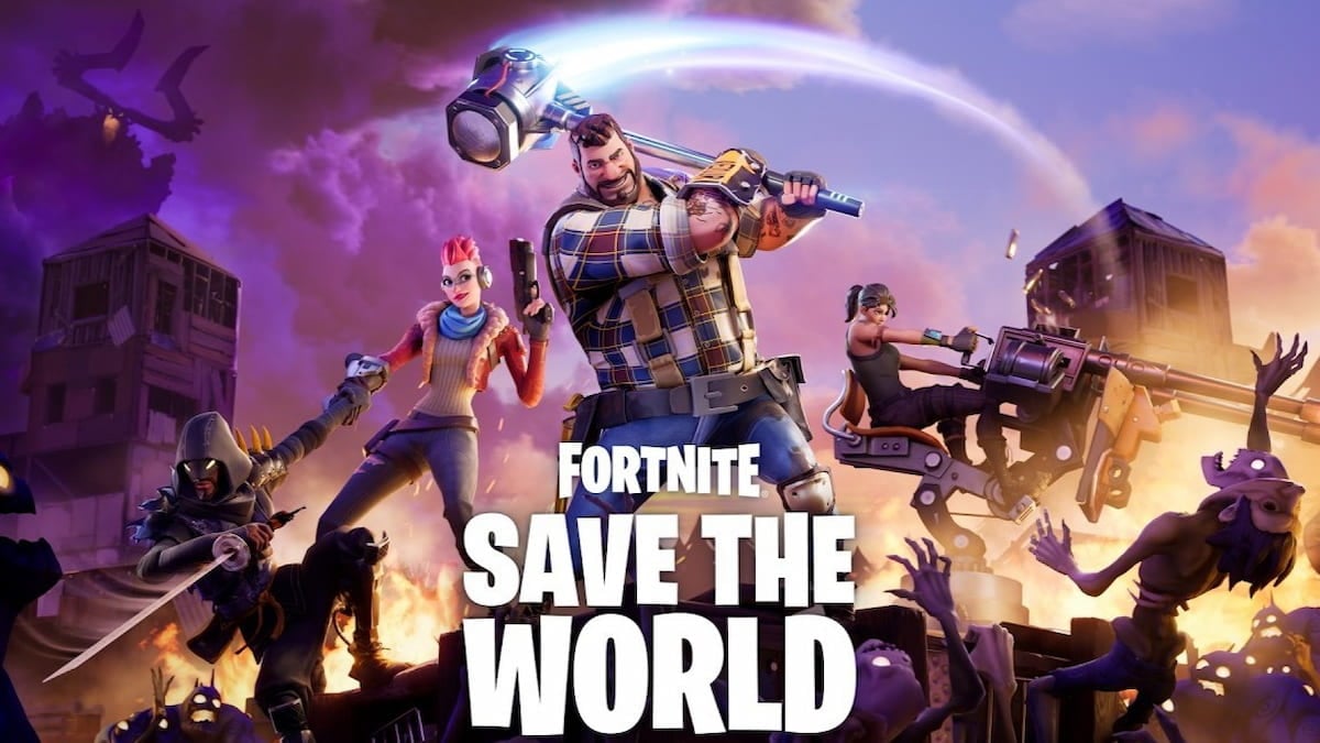 Save the world art featuring characters fighting in battle in fortnite