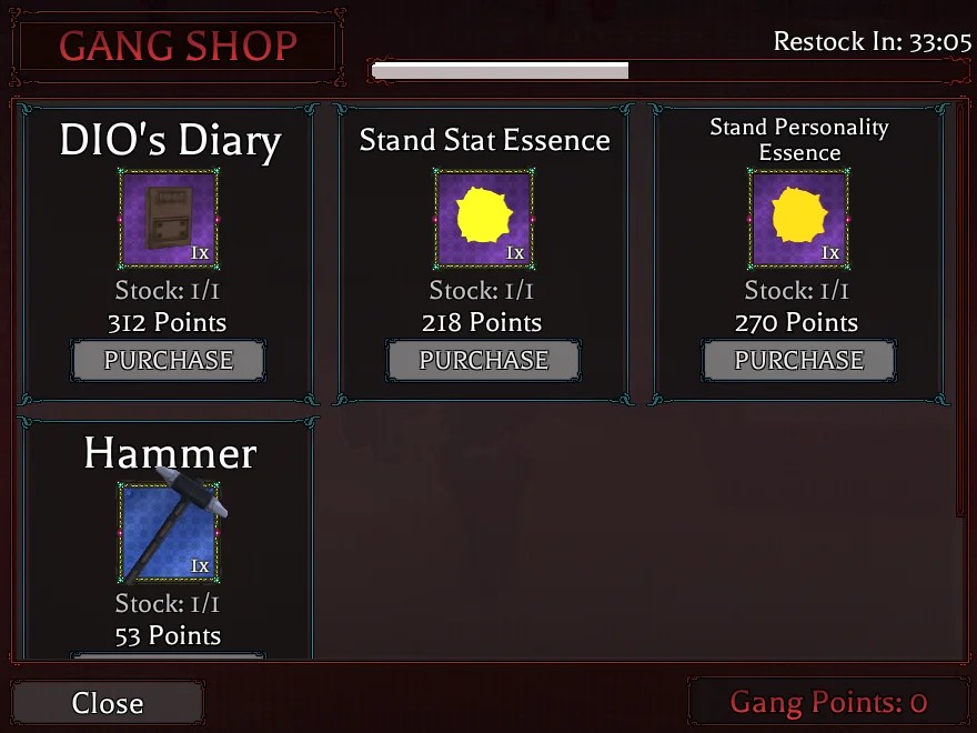 Preview of the Gang Shop in Bizarre Lineage Roblox experience where one can spend Gang Points in exchange for exclusive items.