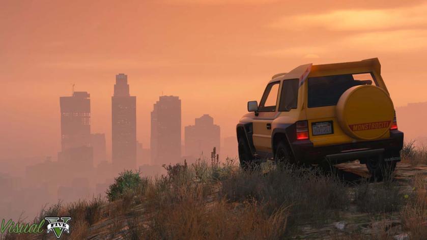 Car on a hill overlooking Los Santos in GTA 5. 