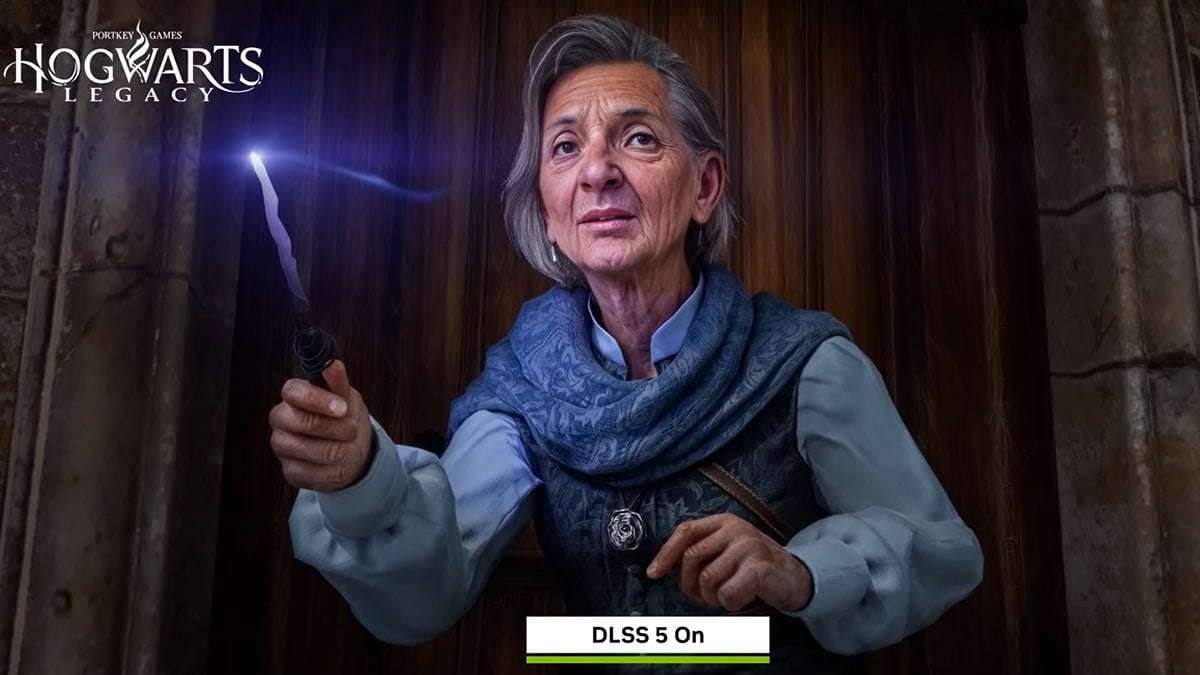 Character in Hogwarts Legacy upscaled using DLSS 5.