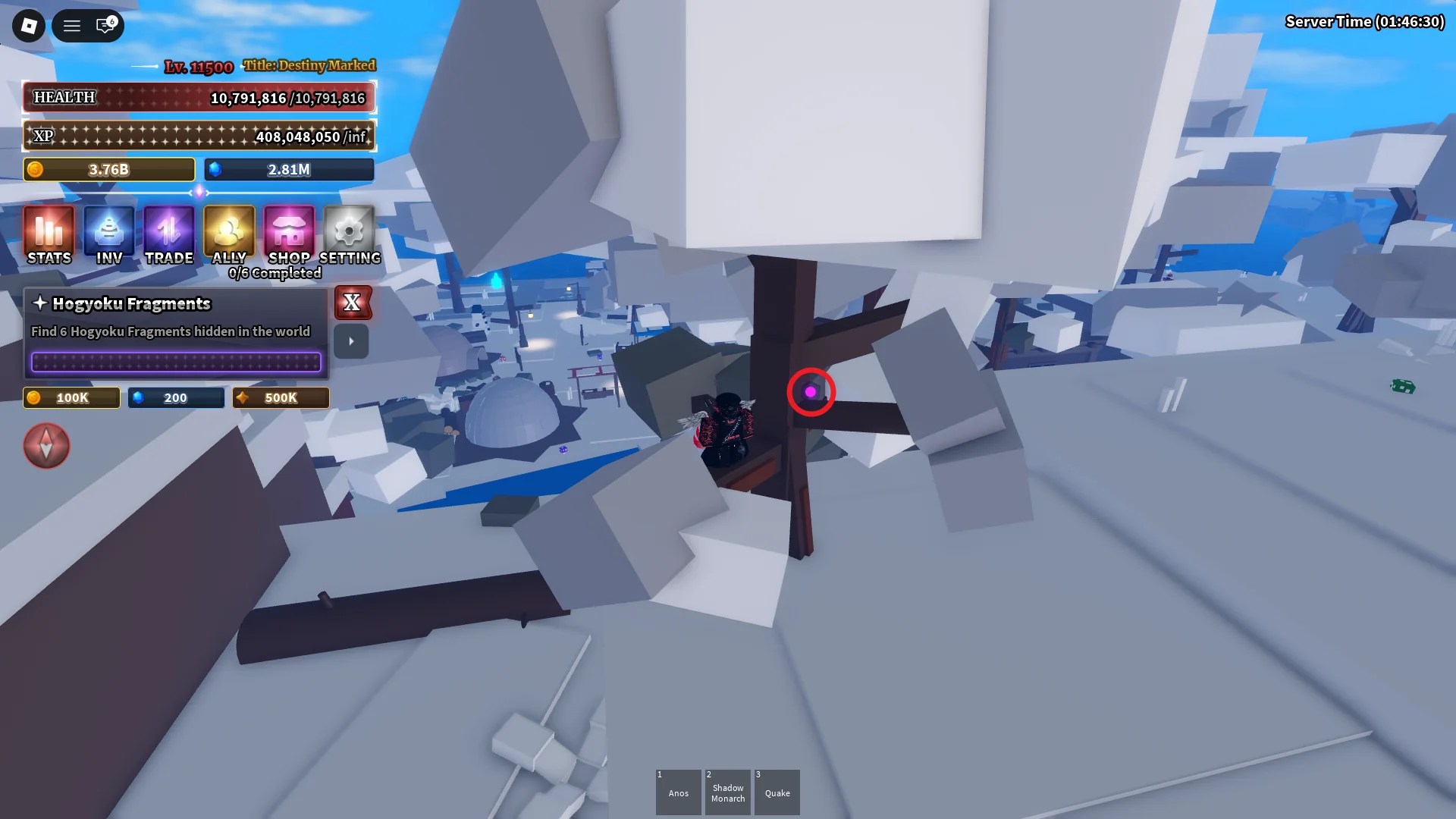 Location of the Hogyoku Fragment #1 on Snow Island, needed for the Hogyoku Quest in the Sailor Piece Roblox experience.