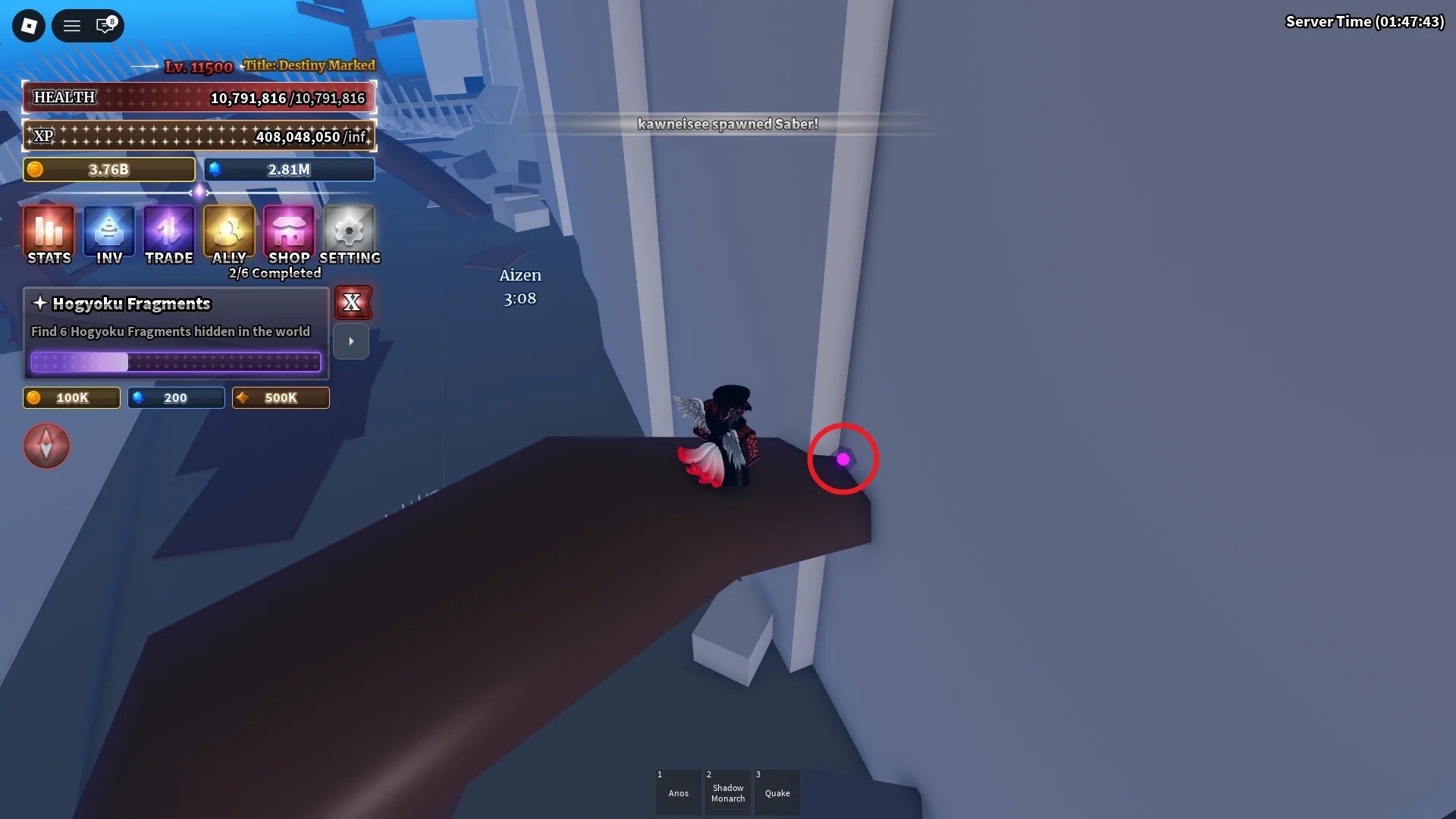 Location of the Hogyoku Fragment #3 on Hueco Mundo, needed for the Hogyoku Quest in the Sailor Piece Roblox experience.