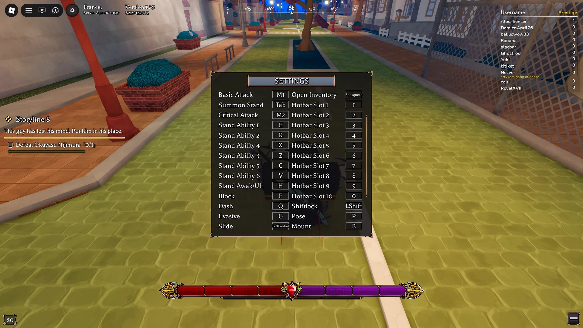Preview of the settings menu in Bizarre Lineage Roblox experience where one can rebind the controls for keyboard and mouse.