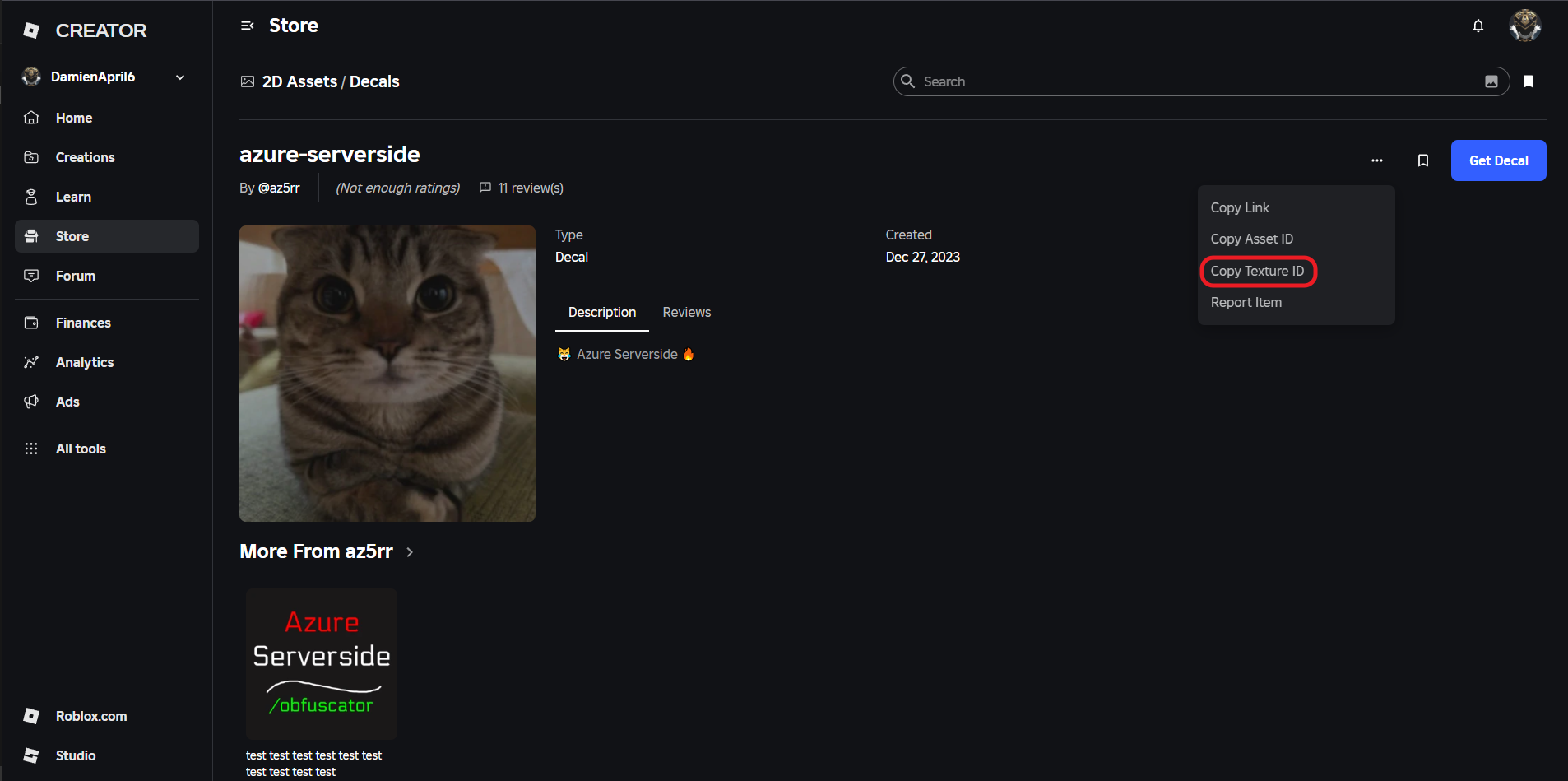How to copy the Asset ID of a Roblox Decal for use as a Gang emblem in the Bizarre Lineage Roblox experience.