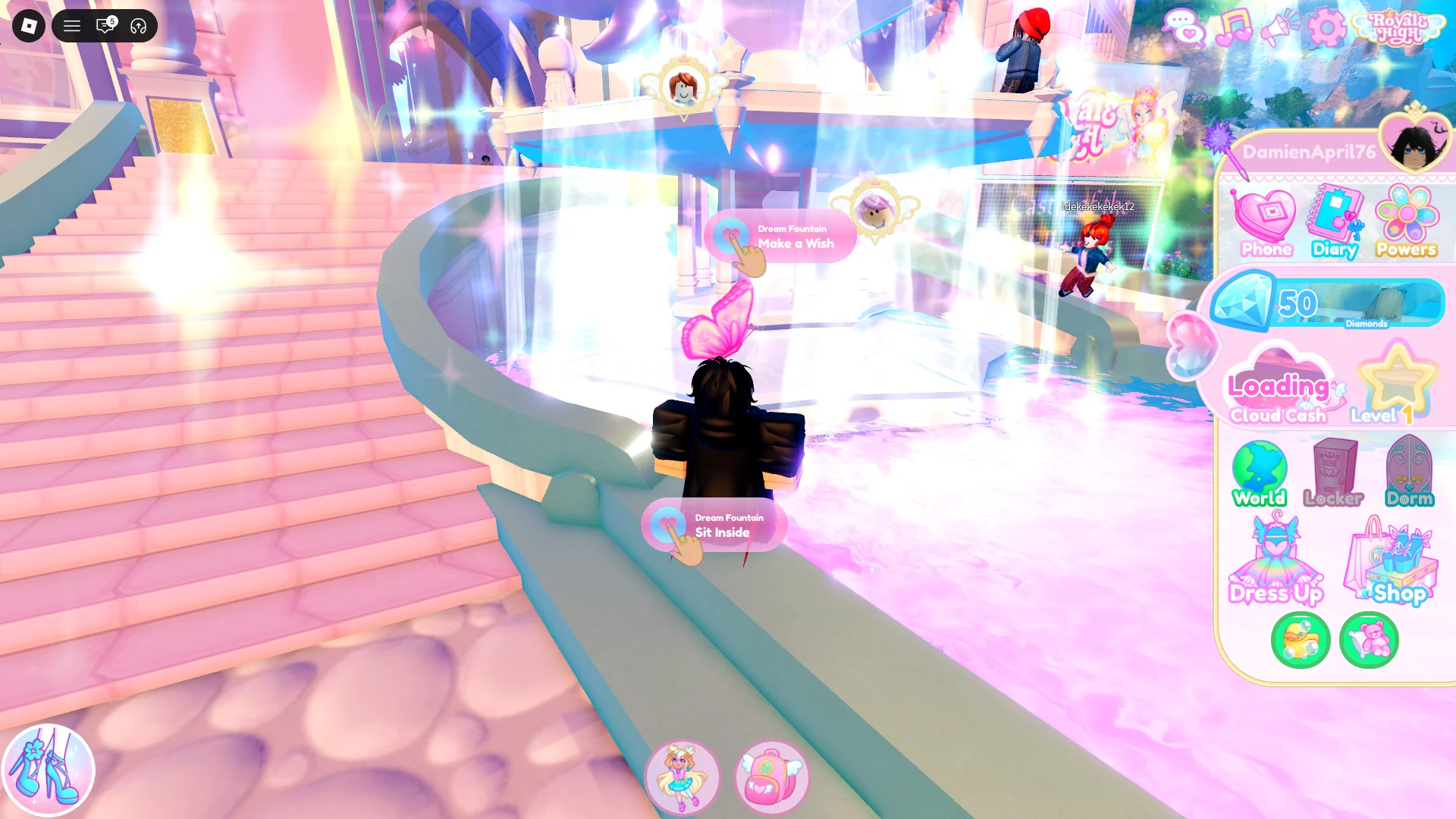 A player standing next to the Dream Fountain from which one can obtain the Flowering 2026 Halo in the Royale High Roblox experience.
