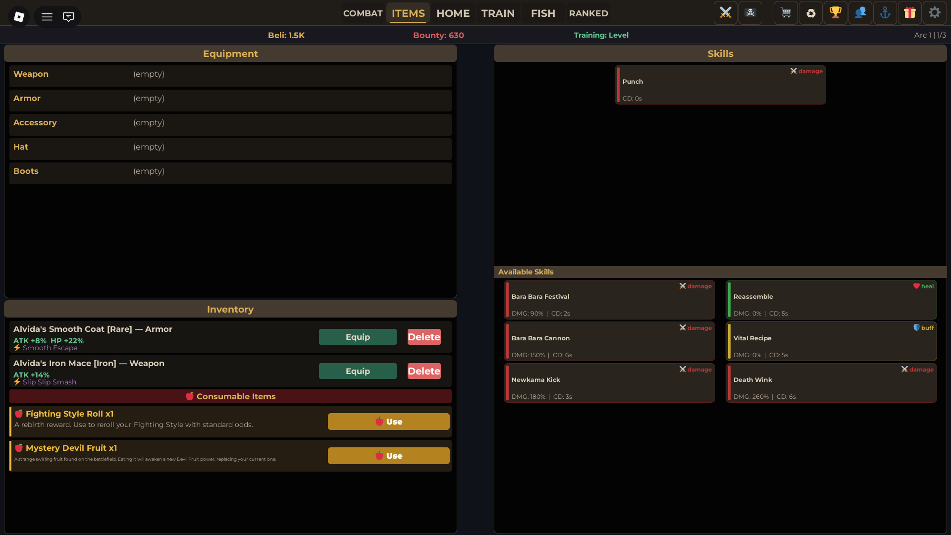 How to get Devil Fruit and Fighting Style Rerolls by defeating Story bosses in One Piece Incremental Roblox experience.