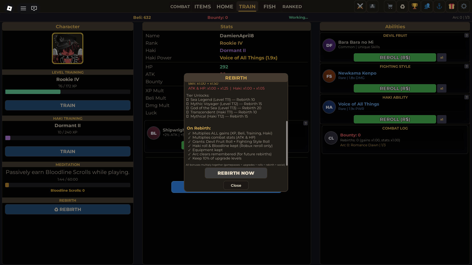 How to get Devil Fruit, Fighting Style, Bloodline, and Haki Rerolls by rebirthing in One Piece Incremental Roblox experience.