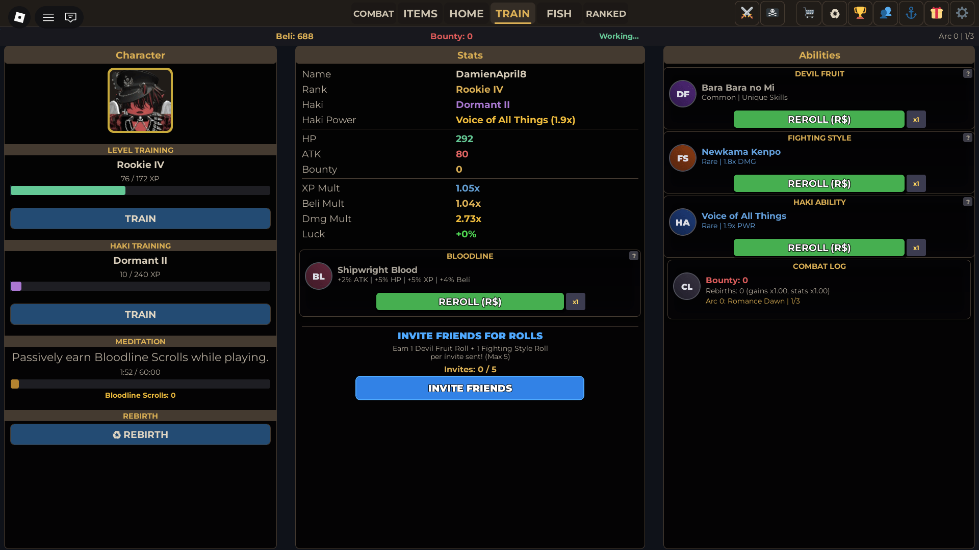 How to reroll Devil Fruits, Fighting Styles, Haki, and Bloodlines in One Piece Incremental Roblox experience.