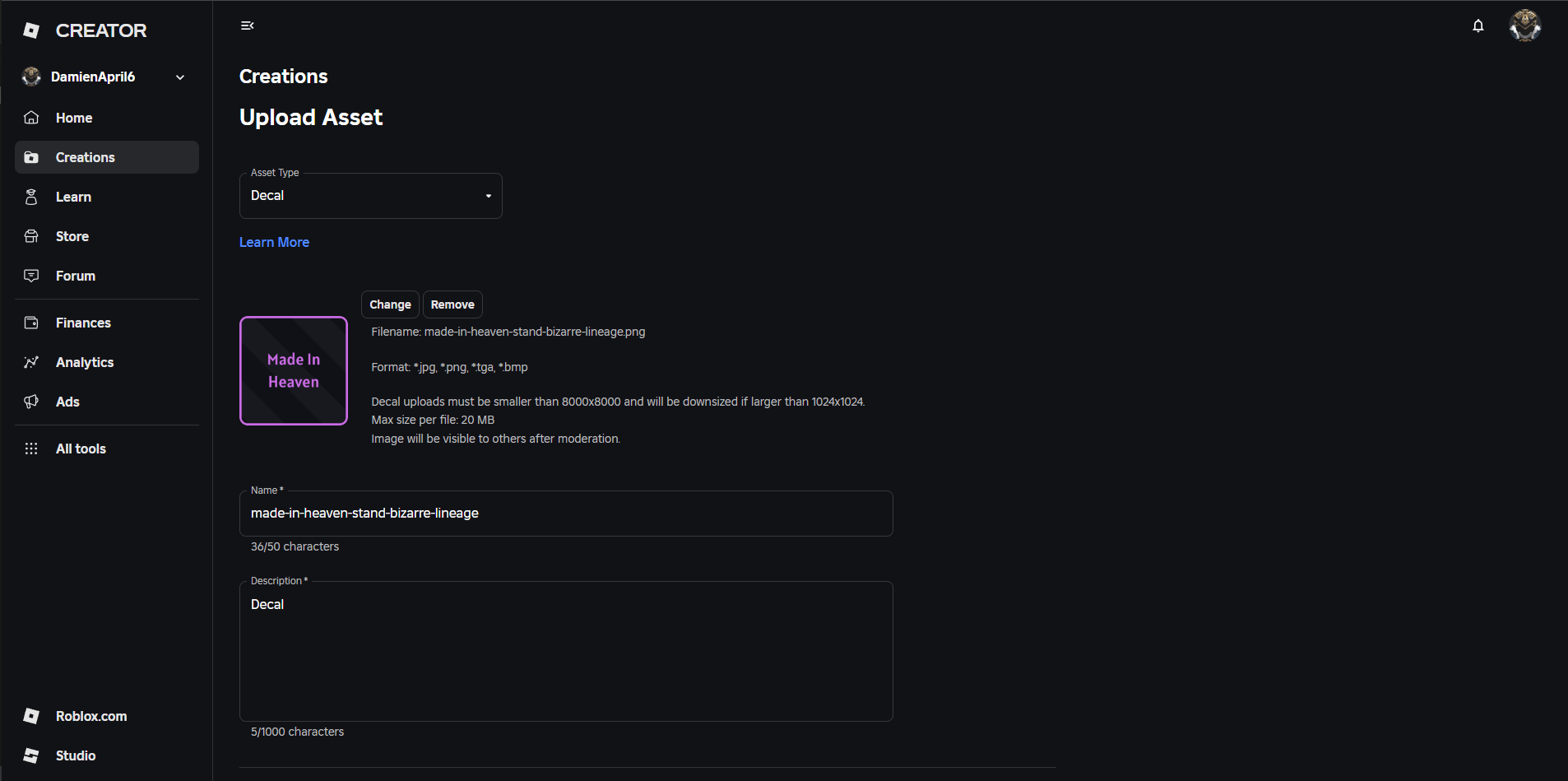 How to upload Gang emblem decals for Bizarre Lineage Roblox experience to the Roblox asset marketplace.