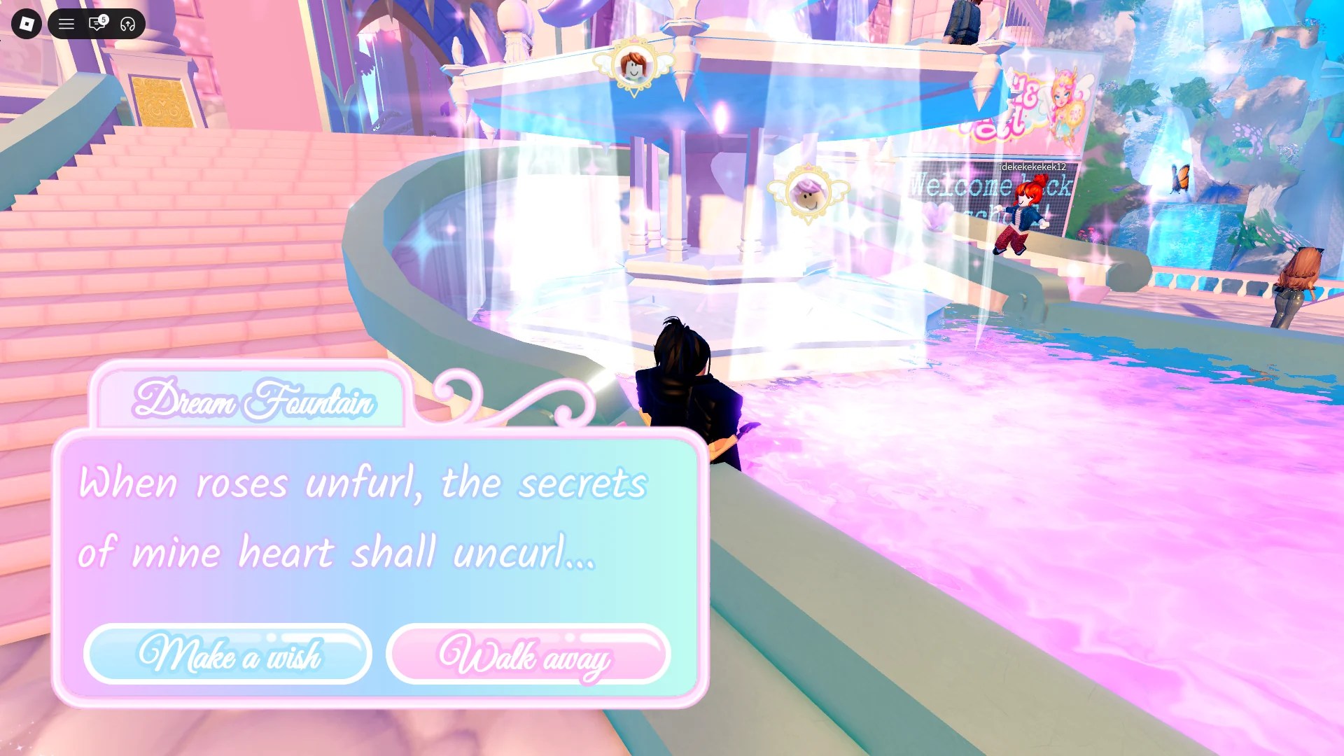 A player wishing on the Dream Fountain in during the Flowering 2026 event Royale High Roblox experience.