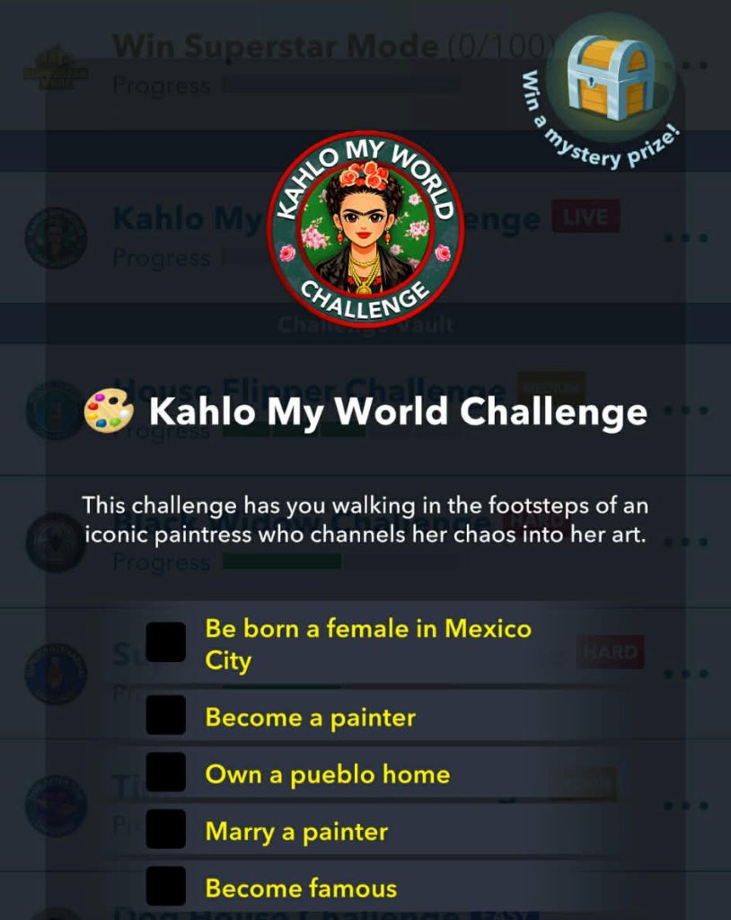 Kahlo my world challenge goals in bitlife