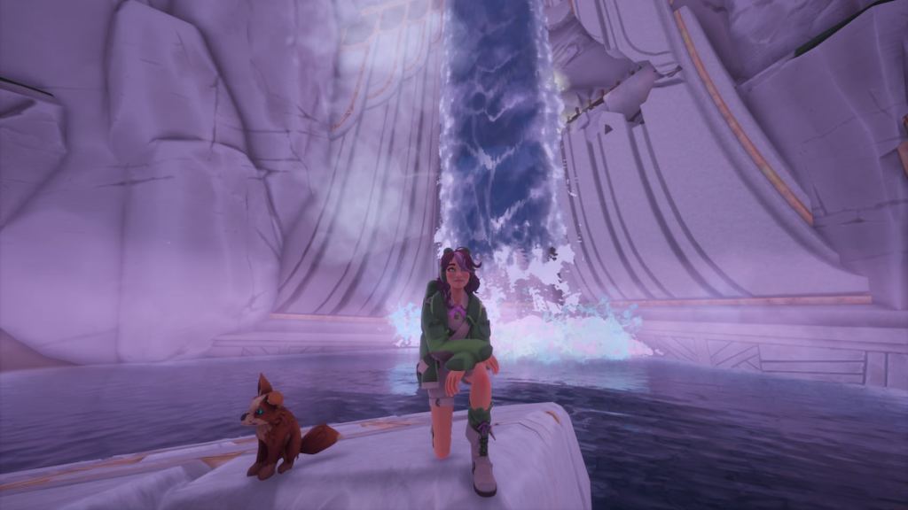 kneeling in front of river waterfall in palia