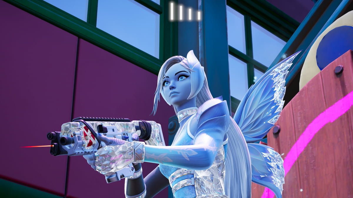 Lady Windfrost holding a gun and listening to jam track with music bars above her head in fortnite