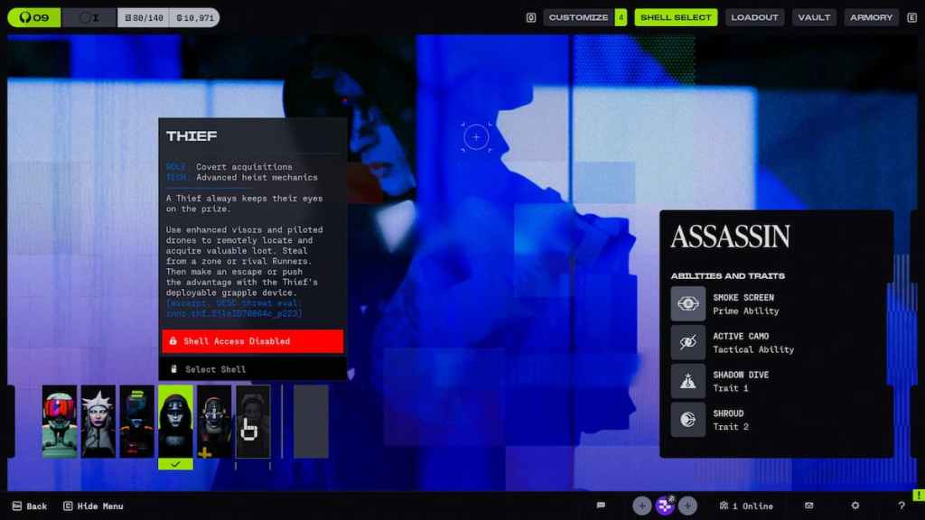 Marathon shell selection screen with the Thief highlighted.
