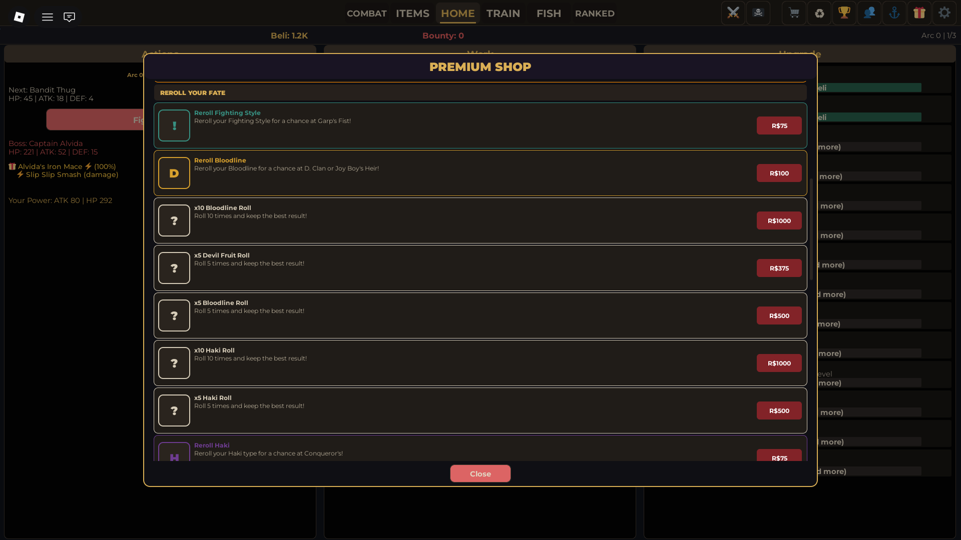 Preview of the Premium Shop in One Piece Incremental Roblox experience where one can buy Devil Fruit, Fighting Style, Bloodline, and Haki Rerolls.