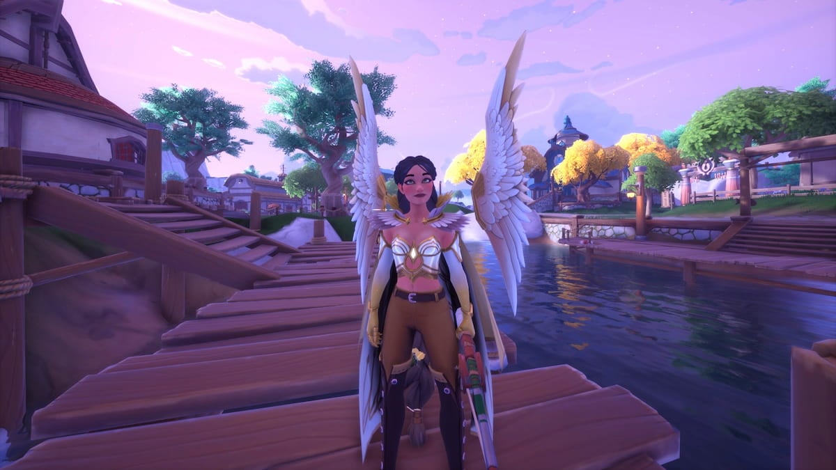 A player in Palia standing by the dock holding a fishing rod