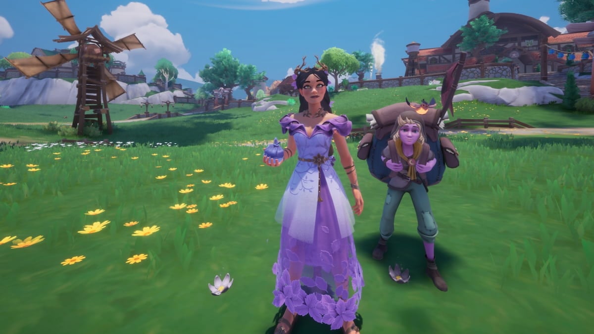 player in purple dress holding bug catching bag standing with auni in field in palia