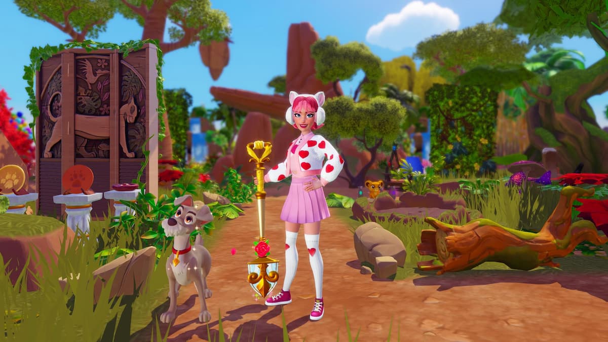 A player dressed in a heart cardigan and pink skirt holding a gold shovel and standing next to tramp in disney dreamlight valley