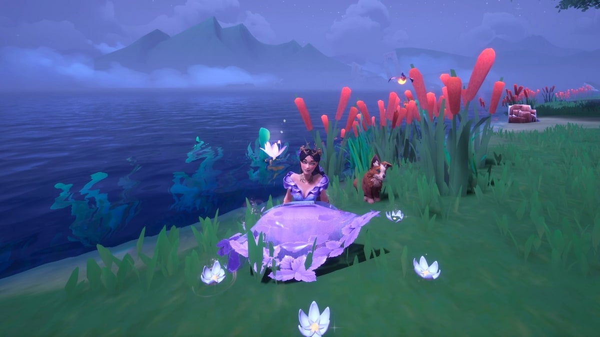 Palia player in purple dress sitting by water near a flower you can forage