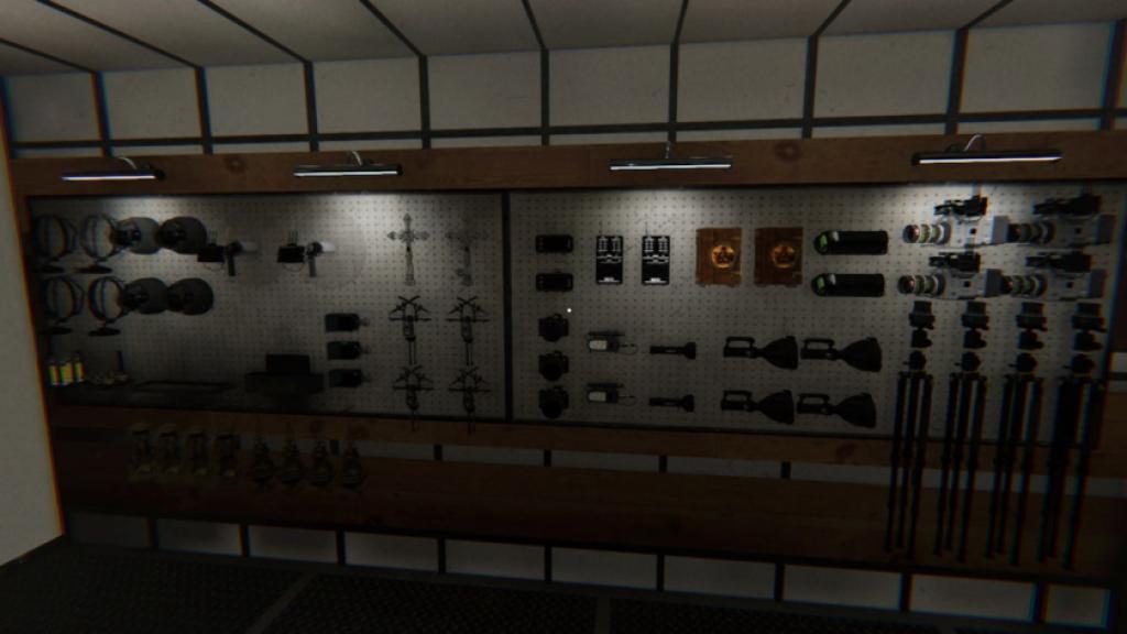 Challenge equipment hung on the wall in Phasmophobia.