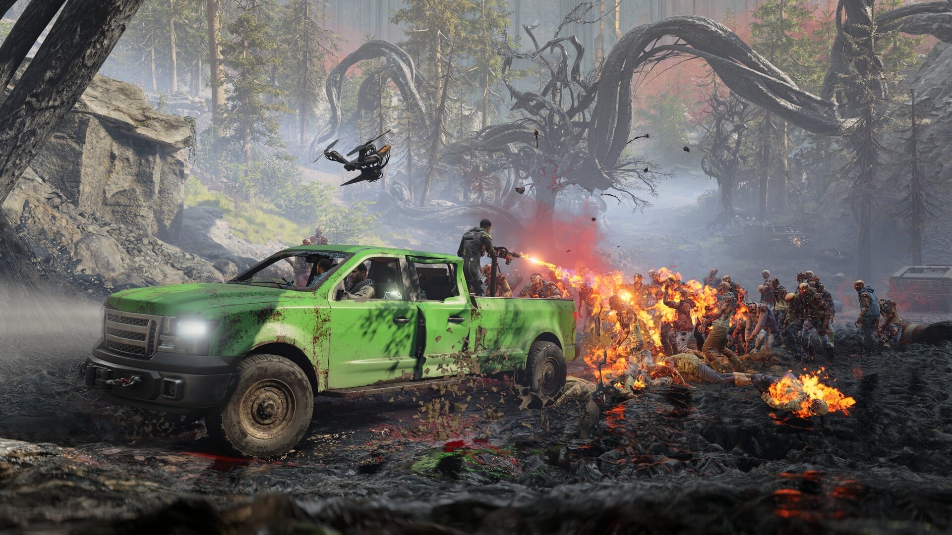 Players shooting at zombies in Toxic Commando