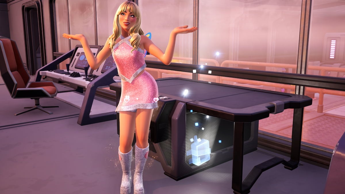 Sabrina carpenter standing and dancing by the dark voyager's holotable in fortnite