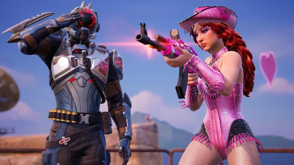 Chappell roan standing and holding gun by the visitor in fortnite