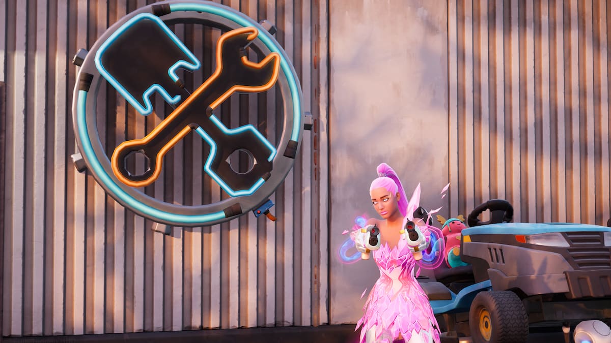 Ariana grande standing and holding guns outside the elites safehouse in fortnite