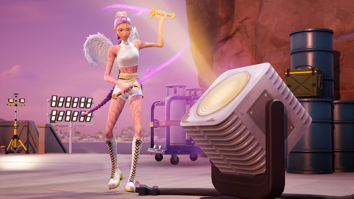 Rumi swinging two swords to break items in fortnite