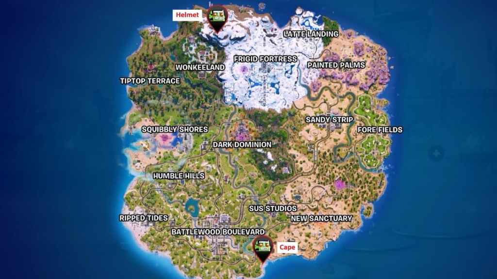 the foundation's lost helmet and cape map locations marked in fortnite