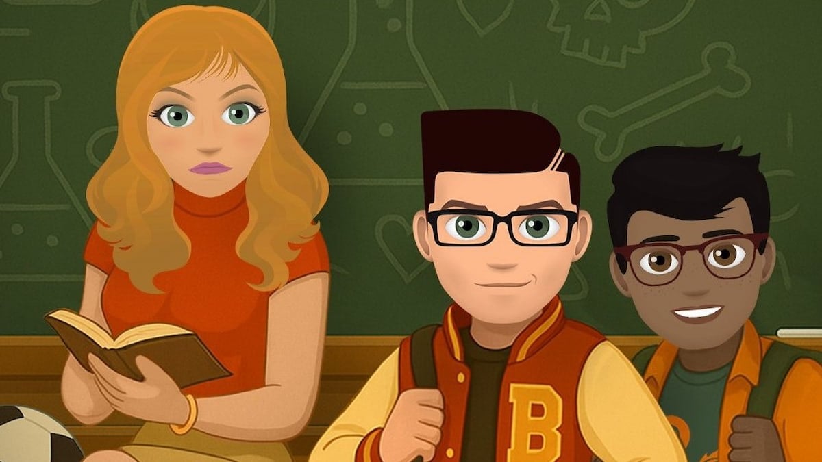 Bitlife character sitting on desk reading next to two other characters walking by