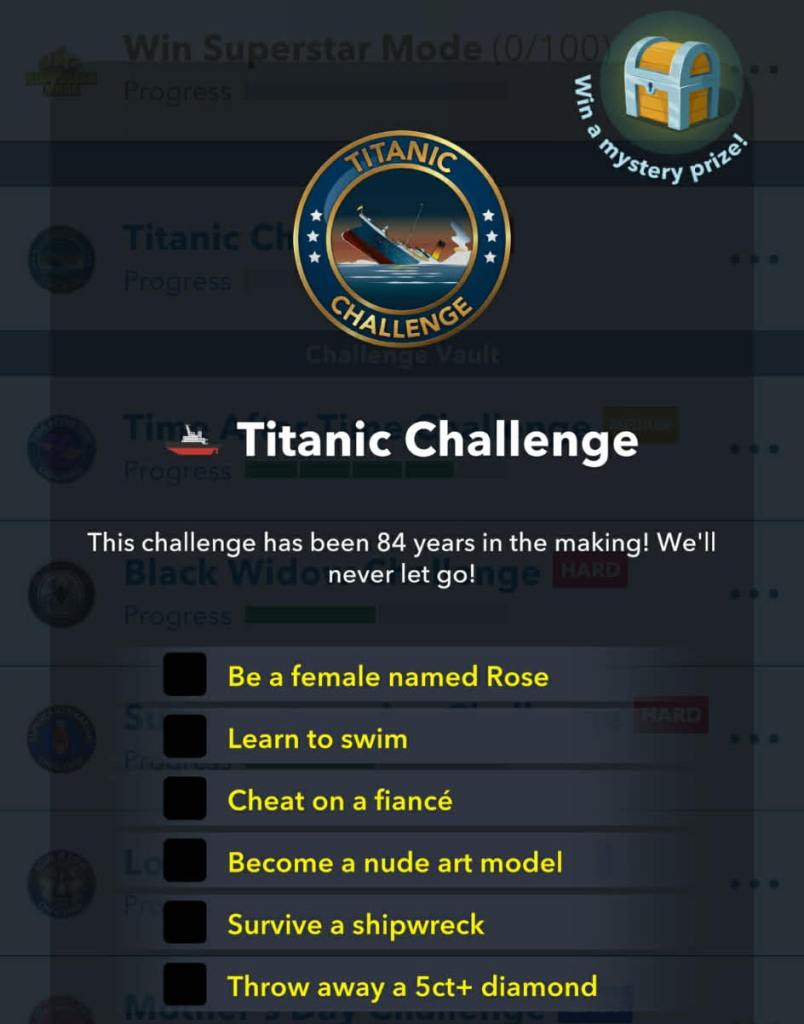 Titanic challenge goals in bitlife.