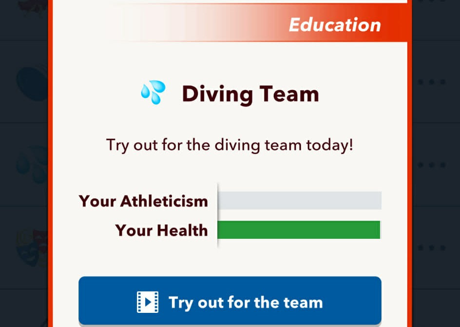 Applying for diving team in bitlife