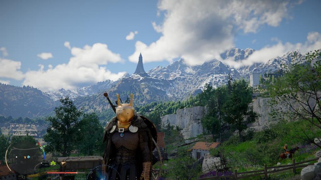 Kliff wearing the Visione helmet in Crimson Desert. 