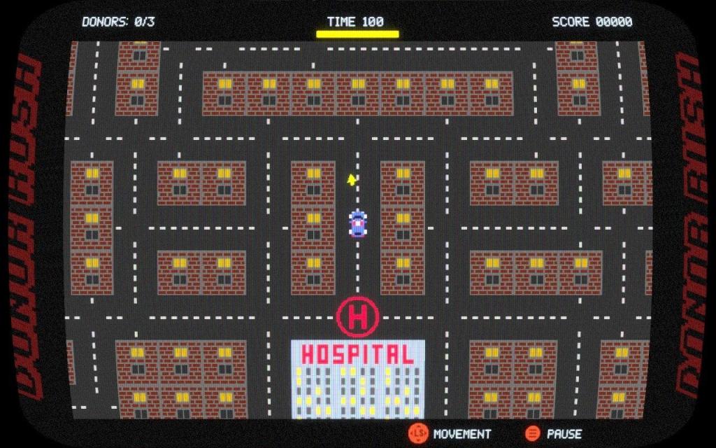 Donor Rush, a mini game in REPLACED where you drive a pixelated car around a city
