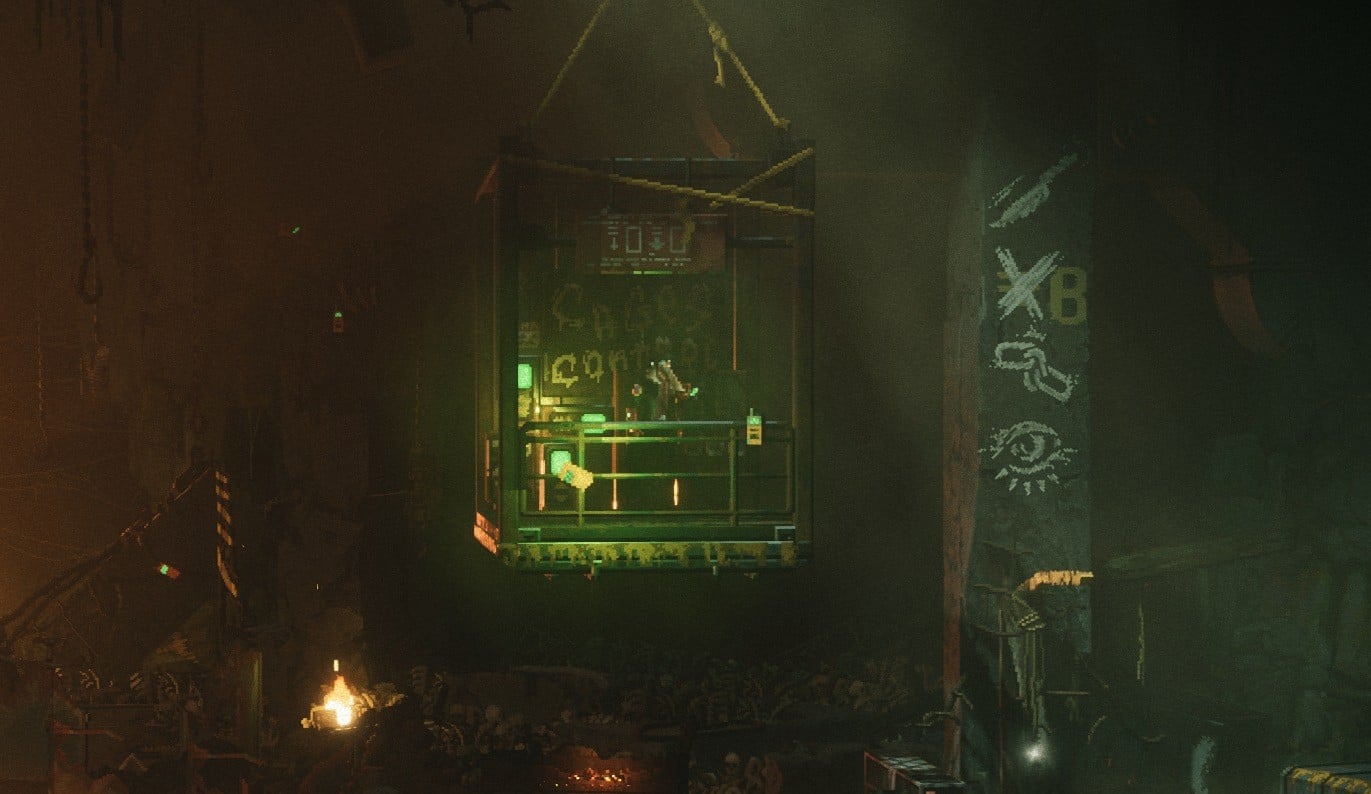The main character in REPLACED stands in a cage with a bunch of green lights. A nearby rock has white chalk symbols on it