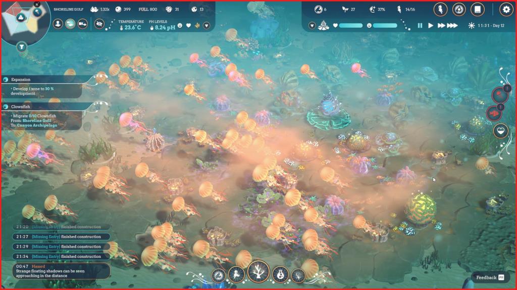 A screenshot from Life Below showing a giant colony of orange jellyfish invading a coral reef.