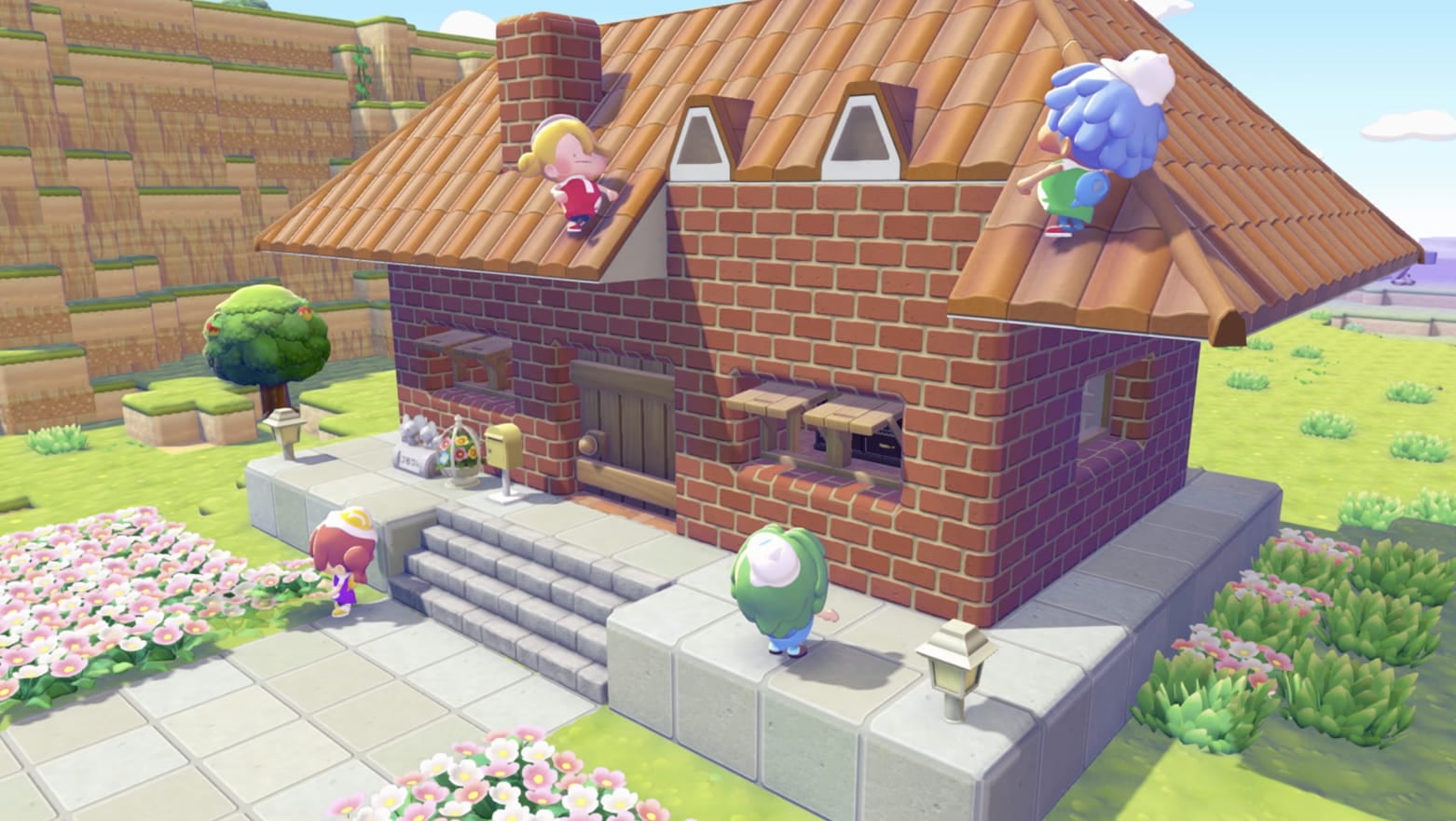 A bunch of Ditto characters work to build a house in Pokopia