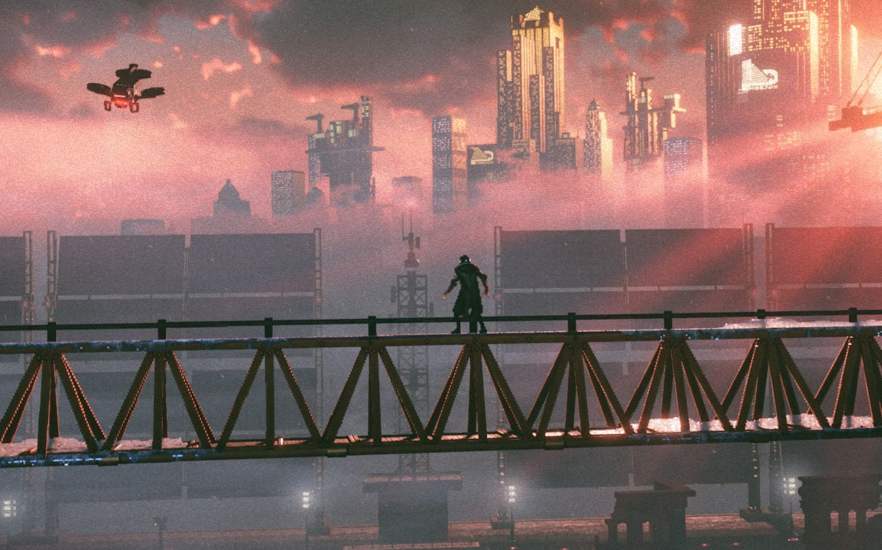A screenshot from Replaced showing Warren/REACH standing on a crane overlooking a gorgeous city while a drone flies overhead