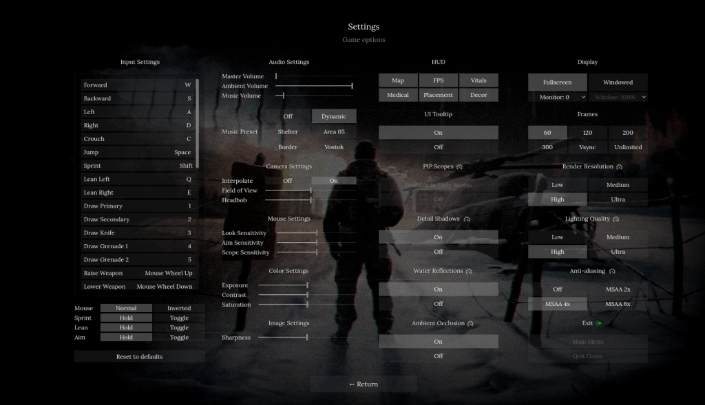 Road to Vostok graphics settings