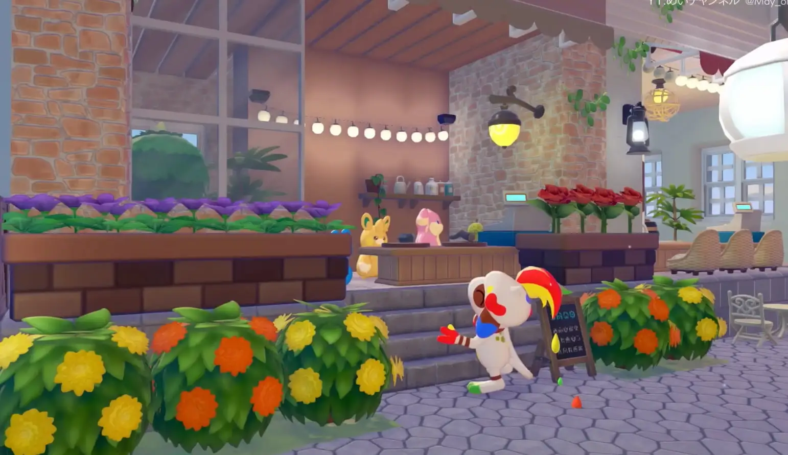 A Smeargle from Pokopia happily looks at a Pawmot in front of a house with colorful bushes