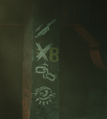 A stone column with white chalk symbols on it, starting with a knife, then a cross, then a chain, and finally an eye.
