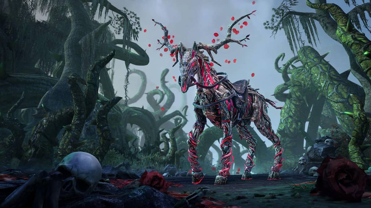 The Thorn's Bite Wintersteed, a spectral nature horse with blood petals coming out of it.