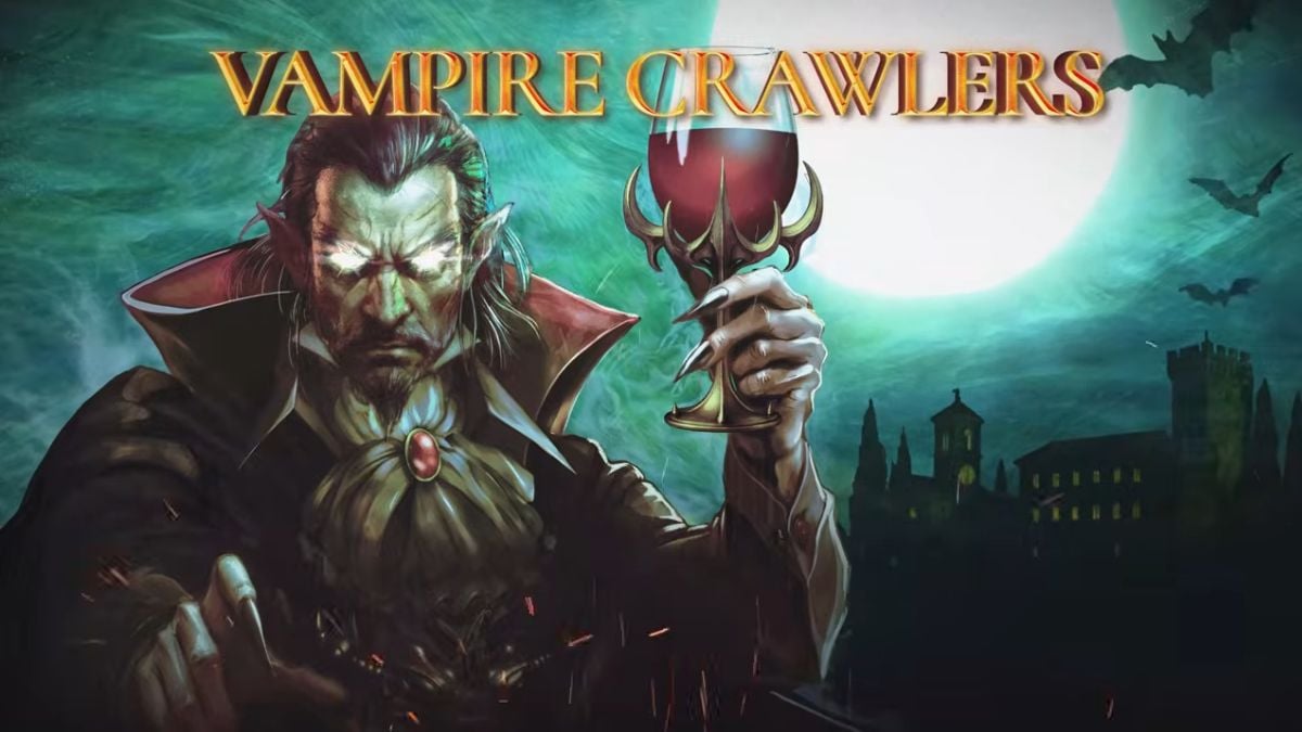 A vampire holds up a goblet with a red substance inside. His eyes glow menacingly. He stands in front of a castle and a full moon. Some bats are hanging out in the back.
