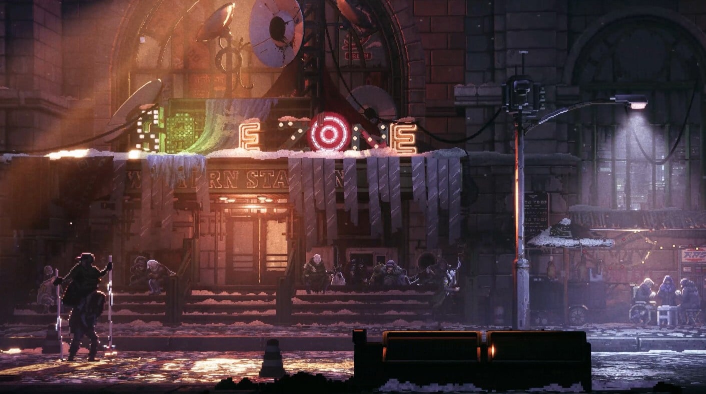 A screenshot of the Station from REPLACED, a dark, post apocalyptic town