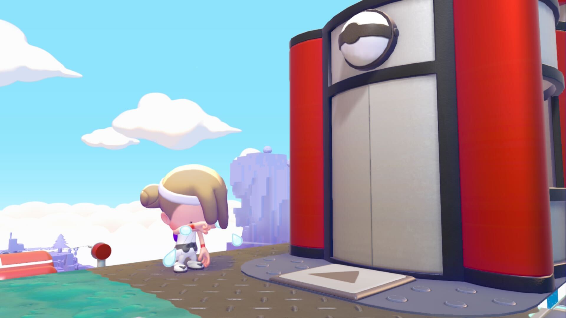 Ditto cries in front of an elevator that's not working in Pokopia